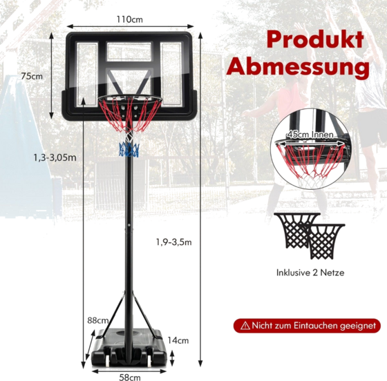 B2X 130 Cm - 305 Cm Height-adjustable Basketball Hoop With Stand 2 Wheels Basket Stand Black på