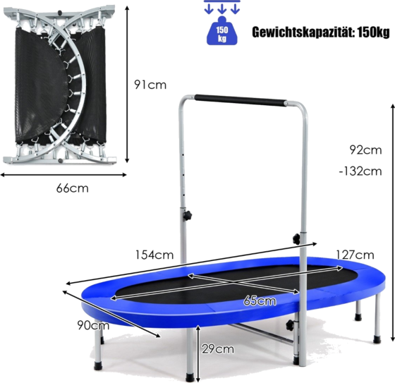 NORTHIX 2 Person Trampoline With Height-adjustable Handle Mini Trampoline 154 X 90 X 92 -132 Cm Blue på