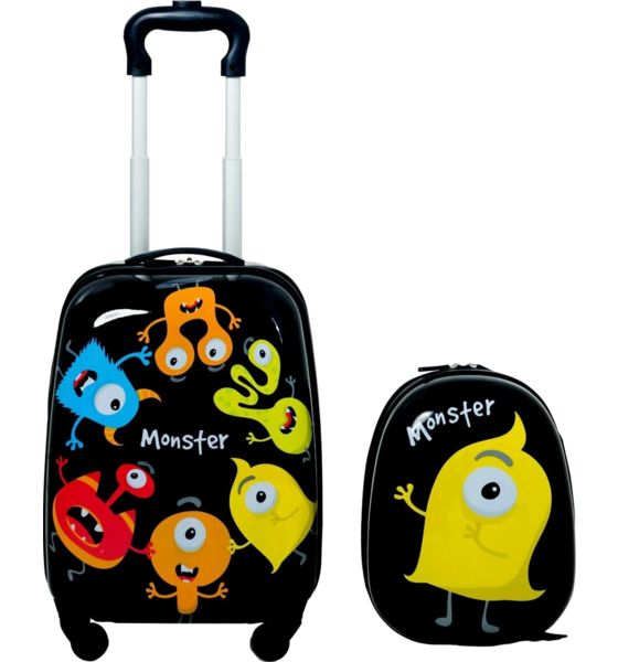 B2X 2-piece Children's Luggage Monster Picture Travel Suitcase Children's Suitcase + Backpack Black på