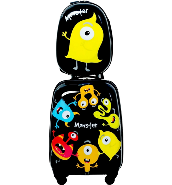 B2X 2-piece Children's Luggage Monster Picture Travel Suitcase Children's Suitcase + Backpack Black på