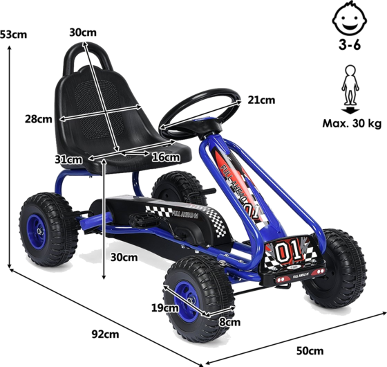 NORTHIX Gokart Go Cart With Handbrake Pedal Car 30kg Pedal Vehicle Pedal Vehicle 3-6 Years Blue på