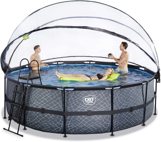 EXIT Stone Pool Ø450x122cm Med Sandfilterpump Och Tak - Grå på
