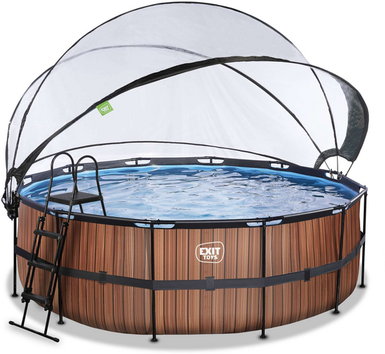 EXIT Wood Pool Ø427x122cm Med Sandfilterpump Och Tak - Brun på