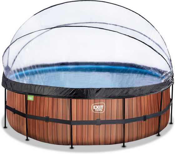 EXIT Wood Pool Ø450x122cm Med Sandfilterpump Och Tak Och Värmepump - Brun på