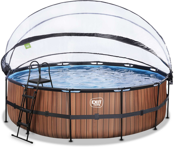EXIT Wood Pool Ø488x122cm Med Sandfilterpump Och Tak Och Värmepump - Brun på