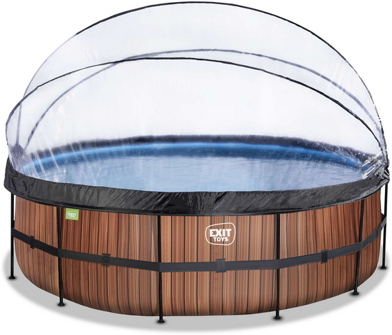 EXIT Wood Pool Ø488x122cm Med Sandfilterpump Och Tak Och Värmepump - Brun på