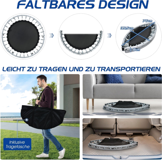 NORTHIX Ø101 Cm Folding Mini Trampoline Fitness Trampoline With Height-adjustable Handle Blue + Black på