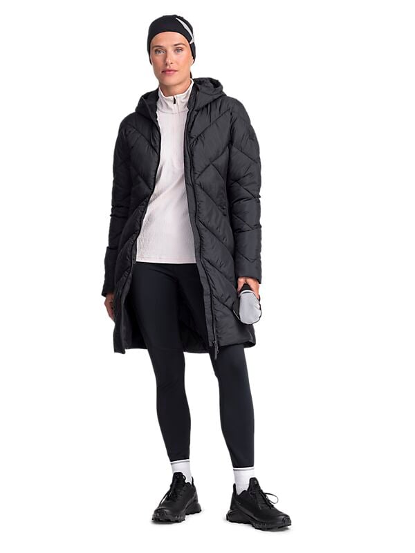 SOC Run Warm Long Jacket, lång vadderad löparjacka, dam på